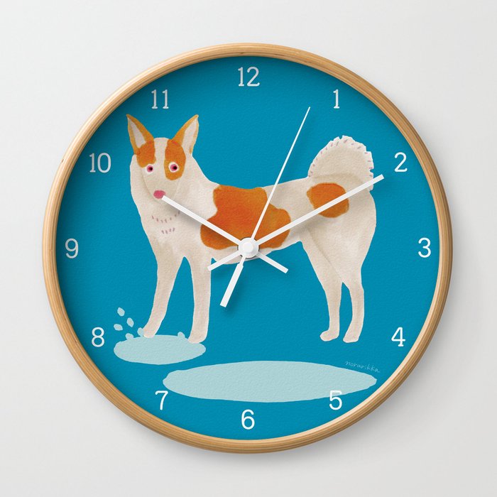 Dog Stepping into a Puddle - Orange and Blue Wall Clock