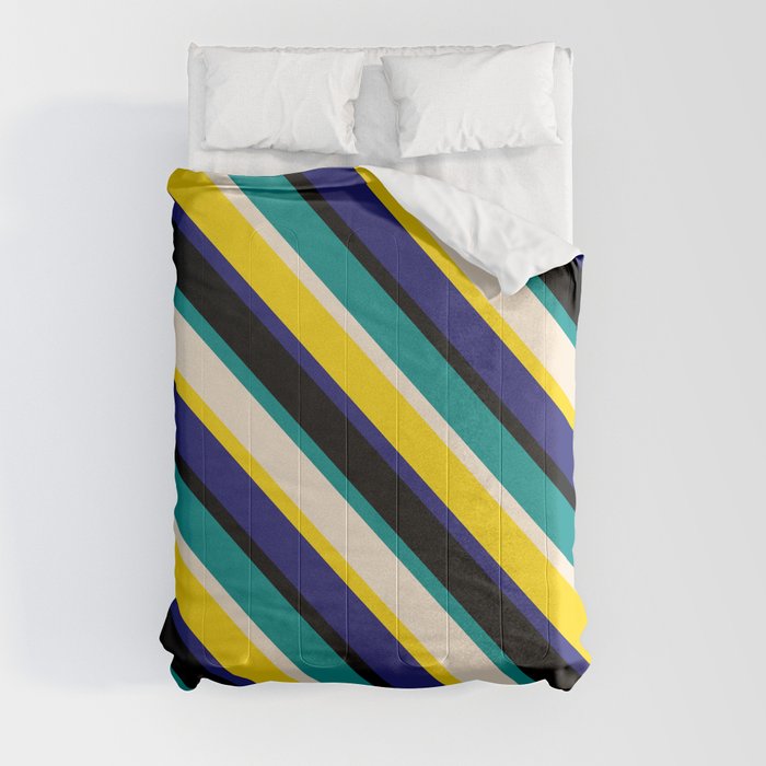 Eye-catching Dark Cyan, Beige, Yellow, Midnight Blue, and Black Colored Lined Pattern Comforter