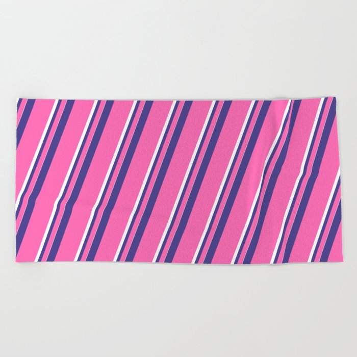 Dark Slate Blue, Hot Pink & White Colored Pattern of Stripes Beach Towel