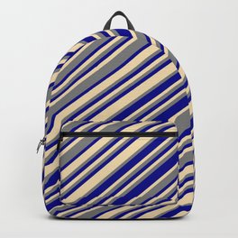 [ Thumbnail: Dark Blue, Tan, and Grey Colored Striped Pattern Backpack ]