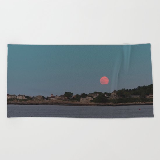 Full Strawberry Moon Rising over Rockport Beach Towel