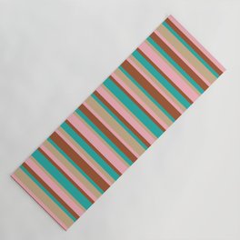 [ Thumbnail: Sienna, Light Sea Green, Tan & Light Pink Colored Stripes Pattern Yoga Mat ]