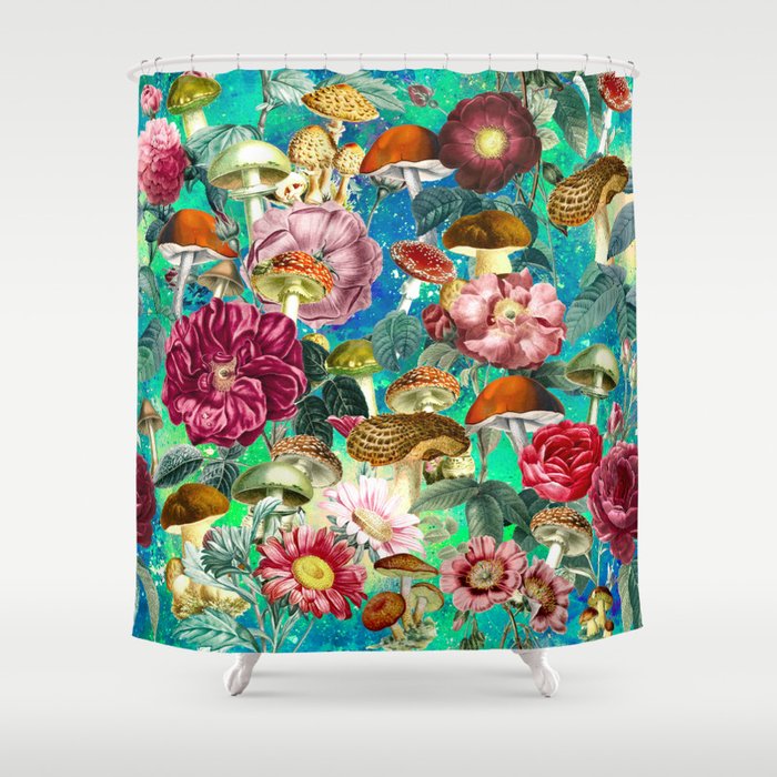 Vintage green mushrooms and flowers forest, shrooms and fungi, botanical pattern, mushrooms art Shower Curtain