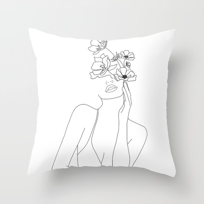Minimal Line Art Woman with Flowers Throw Pillow