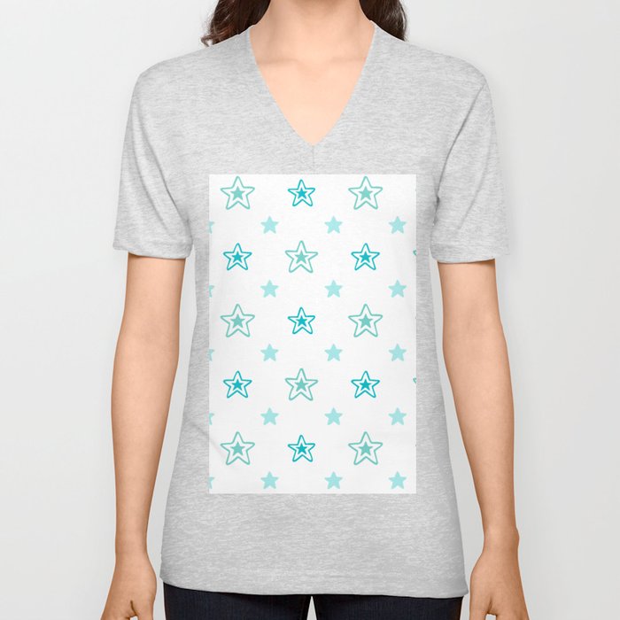 Stars White Blue Beautiful Christmas Patterns V Neck T Shirt