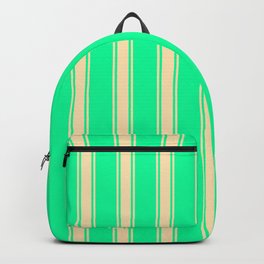 [ Thumbnail: Green & Beige Colored Lined/Striped Pattern Backpack ]