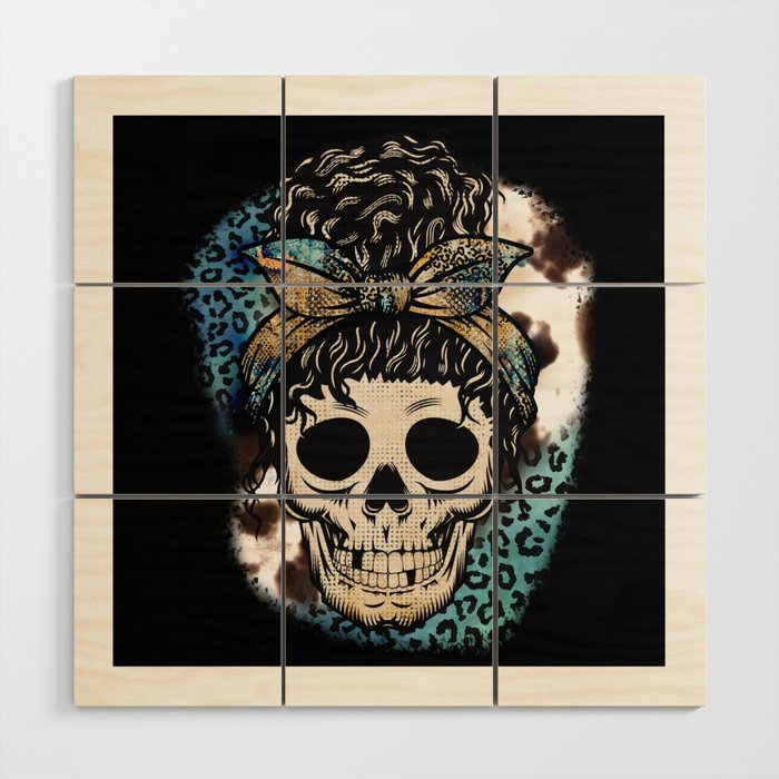 Messy bun skull woman leopard pattern Wood Wall Art