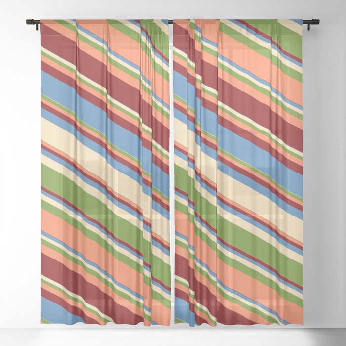 Blue, Beige, Green, Coral, and Maroon Colored Lined Pattern Sheer Curtain
