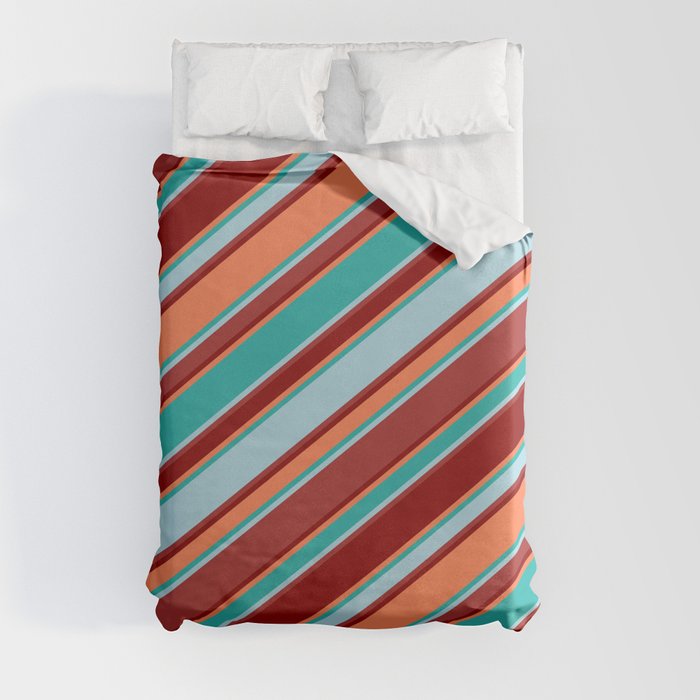 Light Sea Green, Light Blue, Brown, Dark Red & Coral Colored Stripes/Lines Pattern Duvet Cover