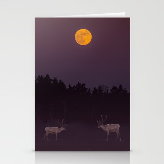 Full Moon - Winter Night With Reindeer At Edge Of Forest #decor #buyart #society6 Stationery Cards