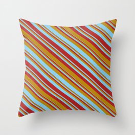 [ Thumbnail: Dark Goldenrod, Sky Blue & Red Colored Stripes Pattern Throw Pillow ]