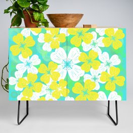 70’s Desert Flowers Yellow on Turquoise Credenza