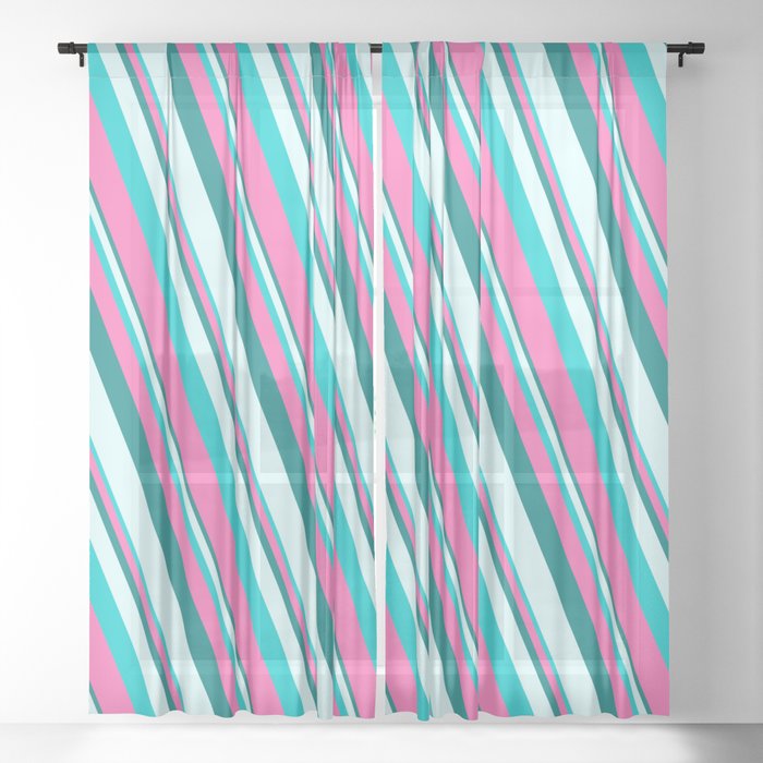 Teal, Light Cyan, Dark Turquoise, and Hot Pink Colored Pattern of Stripes Sheer Curtain