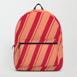 [ Thumbnail: Light Salmon and Crimson Colored Lined Pattern Backpack ]