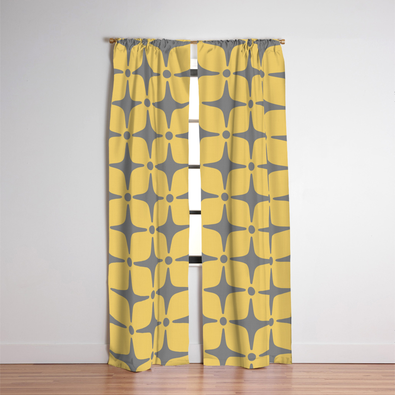 Mid Century Modern Star Pattern Yellow And Gray Blackout Curtain