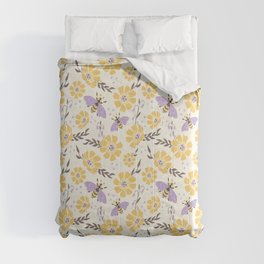 Honey Bees and Flowers - Yellow and Lavender Purple Comforter
