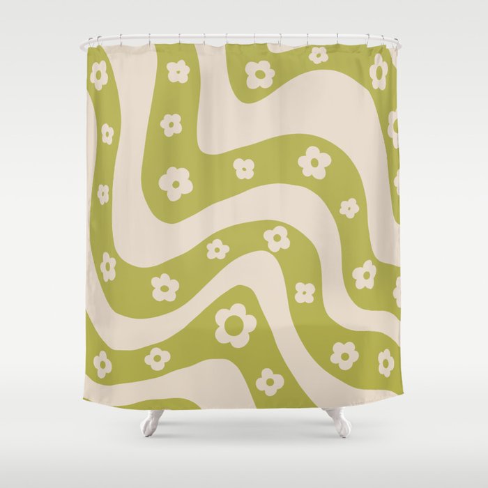 Green Swirl flowers 70s Retro Pattern Shower Curtain