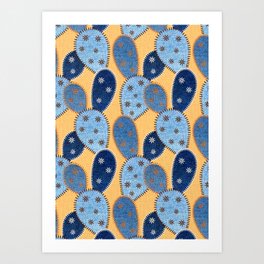 Denim Cactus Patchwork Quilt (Camel) Art Print | Opuntia, Camel, Graphicdesign, Bunny Ear Cactus, Applique, Handicraft, Quilt, Faux Texture, Embroidery, Thread 