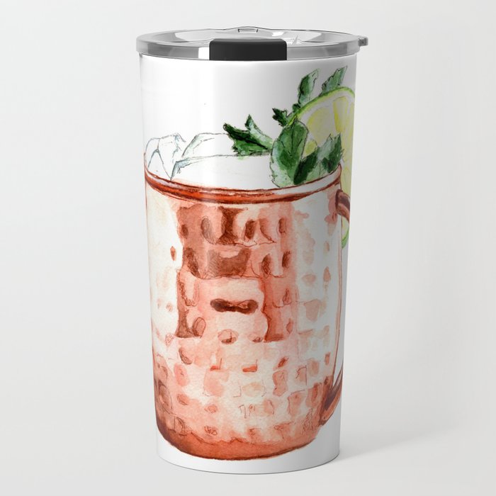 Cocktails. Moscow Mule. Watercolor Painting. Travel Mug