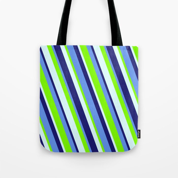 Cornflower Blue, Chartreuse, Light Cyan, and Midnight Blue Colored Lined Pattern Tote Bag