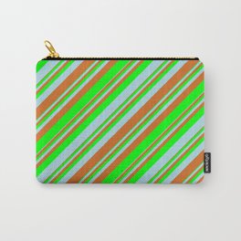 [ Thumbnail: Chocolate, Lime & Light Blue Colored Lined/Striped Pattern Carry-All Pouch ]