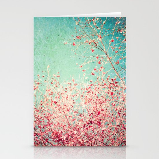 Blue Autumn, Pink leafs on blue, turquoise, green, aqua sky Stationery Cards