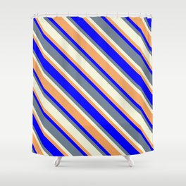 [ Thumbnail: Beige, Brown, Blue & Slate Gray Colored Pattern of Stripes Shower Curtain ]
