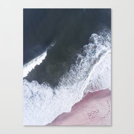 Aerial Pink Beach Print - Dark Blue Ocean - Hearts on Sand - Crashing Waves - Sea Travel photography Canvas Print