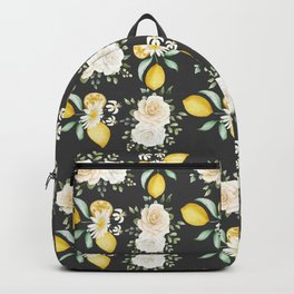 Lemons and White Flowers Pattern On Dark Grey Background Backpack