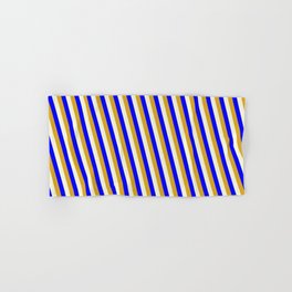 [ Thumbnail: Goldenrod, Beige & Blue Colored Lines/Stripes Pattern Hand & Bath Towel ]