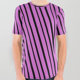[ Thumbnail: Orchid & Black Colored Striped/Lined Pattern All Over Graphic Tee ]