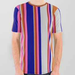 [ Thumbnail: Eyecatching Chocolate, Red, Hot Pink, Dark Blue & Light Gray Colored Lines/Stripes Pattern All Over Graphic Tee ]