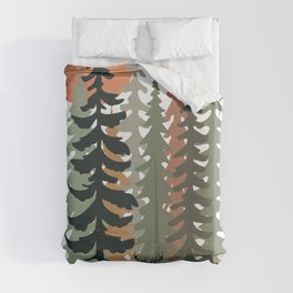 landscape. stones and green Christmas forest trees, deer, and sunrise. Duvet Cover