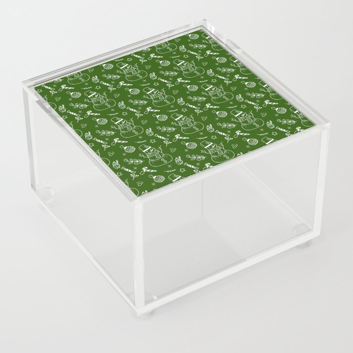 Green and White Christmas Snowman Doodle Pattern Acrylic Box