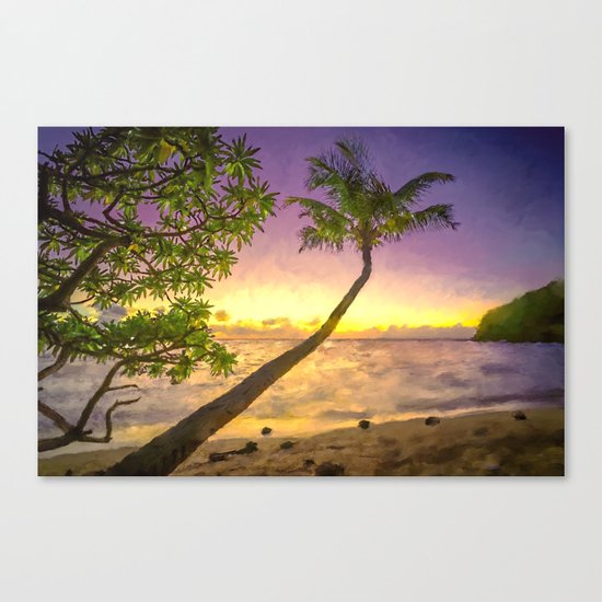 Tropical sunset beach with palms Canvas Print
