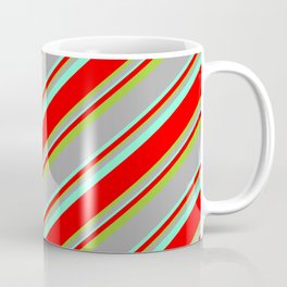 [ Thumbnail: Dark Gray, Aquamarine, Red & Green Colored Lines Pattern Coffee Mug ]