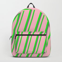[ Thumbnail: Pink, Lime & Grey Colored Lined Pattern Backpack ]