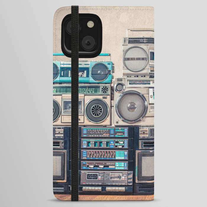 Retro old school design ghetto blaster stereo radio cassette tape recorders boombox tower from circa 1980s front concrete wall background. Vintage style filtered photo iPhone Wallet Case