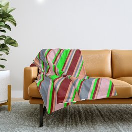 [ Thumbnail: Eye-catching Slate Gray, Pink, Lime, Maroon & Light Salmon Colored Striped Pattern Throw Blanket ]