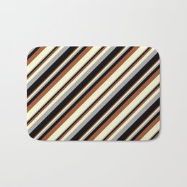 [ Thumbnail: Sienna, Light Yellow, Dark Grey, and Black Colored Stripes Pattern Bath Mat ]