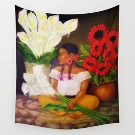 Girl with Calla Lilies and Red Mexican Sunflowers floral portrait painting Wall Tapestry