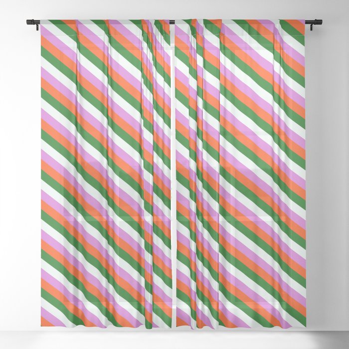 Red, Dark Green, Mint Cream, and Orchid Colored Striped Pattern Sheer Curtain