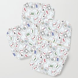 Mahjong Tiles Jumbled Across White Background With Swirls Coaster