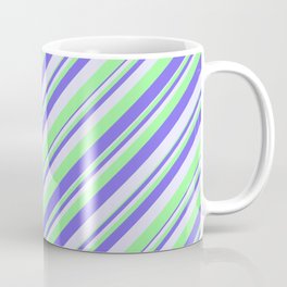 [ Thumbnail: Green, Medium Slate Blue, and Lavender Colored Lines Pattern Coffee Mug ]