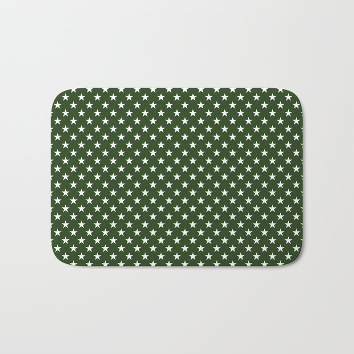 White Five Pointed Stars On Dark Forest Green Bath Mat By