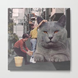 Children washing a giant Cat in Tokyo Streets Metal Print | Surrealist, Cat, Wild, Retro, Collage, Japan, Curated, Magazine, Vintage, Tokyo 