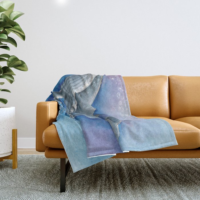 Humpback Whale and Bubbles Watercolor Ink Throw Blanket