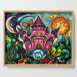 Pink princess castle in fairytale garden painting, whimsical landscape Serving Tray