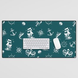 Teal Blue And White Silhouettes Of Vintage Nautical Pattern Desk Mat