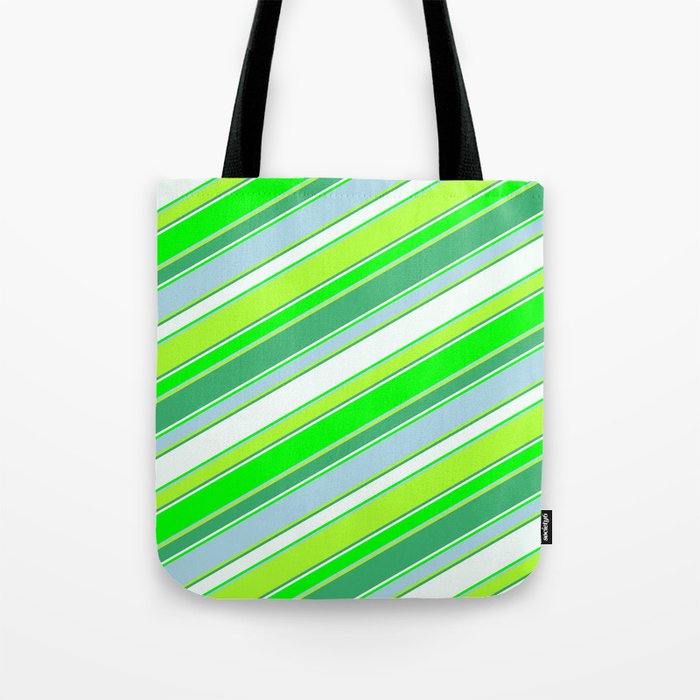 Colorful Sea Green, Mint Cream, Lime, Light Blue, and Light Green Colored Striped/Lined Pattern Tote Bag